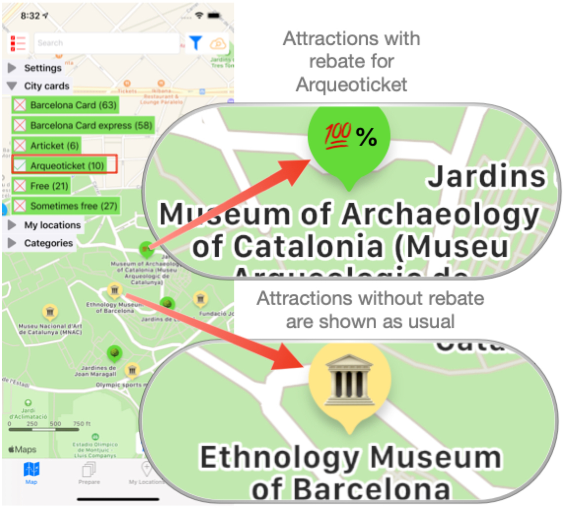 After selecting Arqueoticket: Some attractions are displayed with rebate, others without rebate directly on the map